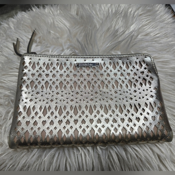 Stella & Dot Double Clutch Bag Purse Metallic Perforated Zipper Snap Closure - Picture 1 of 13